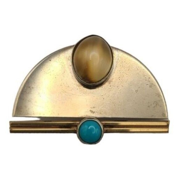 VINTAGE STERLING SILVER AND GOLD Filled Smoky Quartz &‎ Turquoise PIN Brooch - Picture 1 of 5